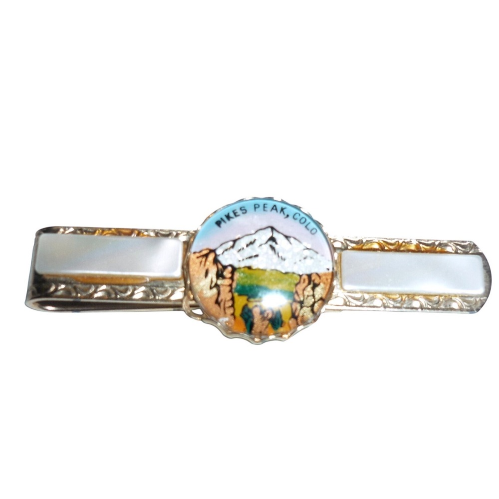 Vintage Pikes Peak Colorado Souvenir Tie Bar - Mother of Pearl Gold Tone MCM